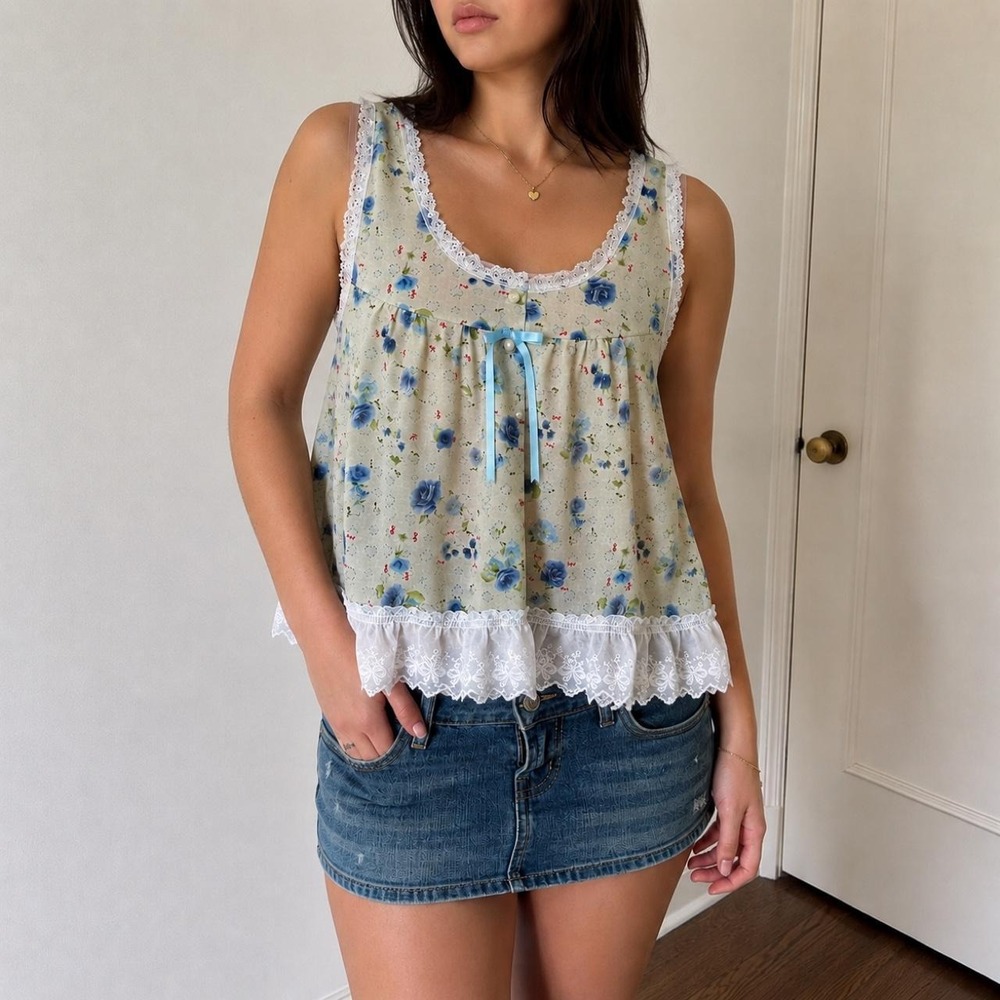 Vanity Fairy Upcycled Coquette Floral Babydoll Top Women M Floral Balletcore